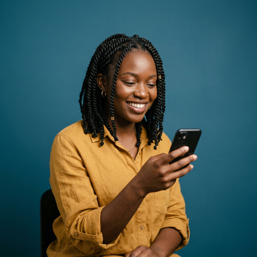 Image générée : une jeune femme souriante en chemise jaune regarde son téléphone sur un fond bleu-vert.